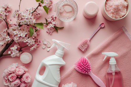 Cleaning supplies on pink sunny light background. Spring cleaning. Generative AI illustrationの素材