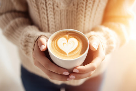 Woman's hands holds coffee cup with heart shape latte coffee art. Generative AI illustrationの素材