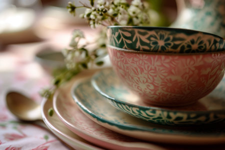 Home spring decor. Set of pink and green patterned tableware. Generative AI illustrationの素材