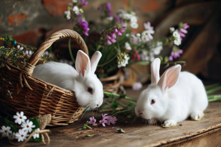 Two white rabbits sitting in a basket on wooden table with flowers. Easter card. Generative AI illustrationの素材