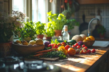 Organic food background. Fresh farmers market produce on a kitchen table. Generative AI illustrationの素材