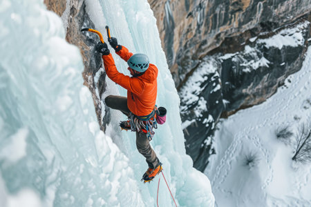 Athletic male free solo ice climbing. Man with ice climbing equipment. Generative AI illustrationの素材