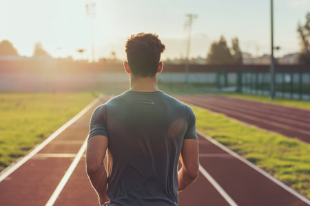 Back view of man runs on a track. Jogging concept at outdoors. Generative AI illustrationの素材