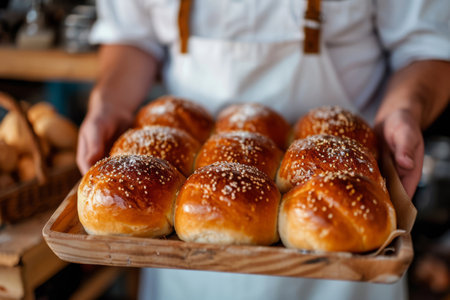 Baker presents a tray of hot fresh buns. Generative AI illustrationの素材
