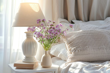 Bedside table with lamp and flowers in the bedroom. Generative AI illustrationの素材