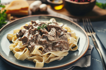 Creamy beef stroganoff with fresh greenery. Generative AI illustrationの素材