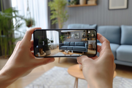 Hands hold smartphone with augmented reality interior design software to choose furniture. Generative AI illustrationの素材