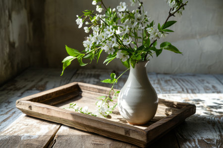 Home interior spring decor. Wooden tray, vase with fresh flowers and greenery. Generative AI illustrationの素材