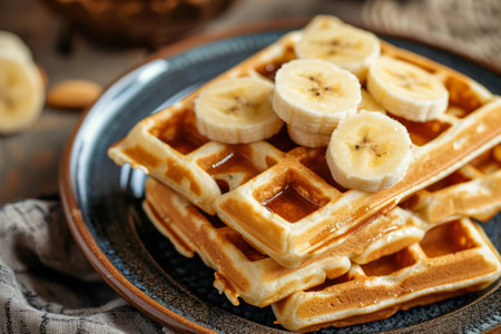 Waffles with banana and nuts. Generative AI illustrationの素材