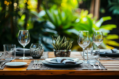 Dinner table setting of four with plants in the background. Generative AI illustrationの素材