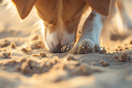 Dog is taking a rest on the sand beach. Generative AI illustrationの素材