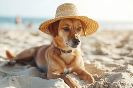 Dog in a straw hat resting on the beach. Generative AI illustrationの素材