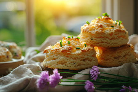 Scones with cheese and green onion. Cheddar and chive biscuits. Generative AI illustrationの素材