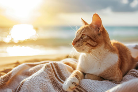 Cute cat sitting on a beach towel. Generative AI illustrationの素材