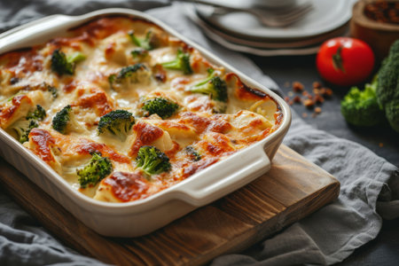 Creamy chicken and broccoli bake in a casserole dish. Generative AI illustrationの素材