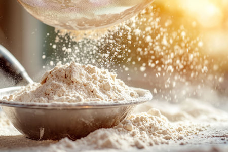 Sifting flour through sieve on wooden table. Generative AI illustrationの素材
