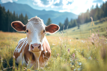 Cows herd on a grass field during the summer with mountains on background. Generative AI illustrationの素材