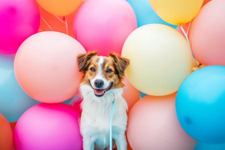 Dog sits among the festive decorations. Dog among balloons. Generative AI illustrationの素材