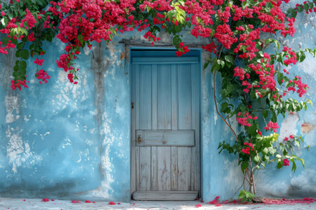 Front door surrounded by flowers. Generative AI illustrationの素材