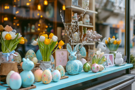 Shop window filled with an array of easter decorations. Generative AI illustrationの素材