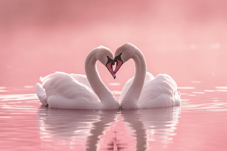 Beautiful white swans in heart shape on water on pink background. Generative AI illustrationの素材