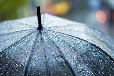 Closeup on transparent umbrella in heavy rain. Generative AI illustrationの素材