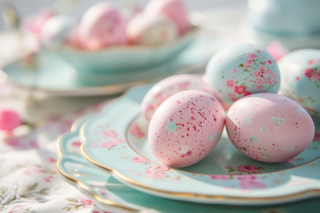 Decorated pastel colored Easter eggs on vintage plate. Generative AI illustrationの素材