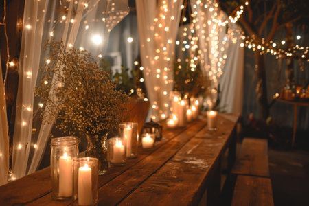 Night wedding ceremony with a lot of lights. Beautiful romantic shining decorations. Generative AI illustrationの素材