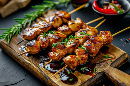 Chicken skewers with teriyaki sauce. Generative AI illustrationの素材