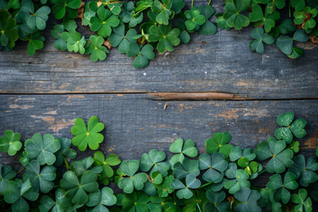 Clover leaves on wooden table. St. Patrick's Day background. Generative AI illustrationの素材