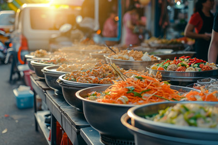 Vibrant and bustling street food market in a lively city. Generative AI illustrationの素材