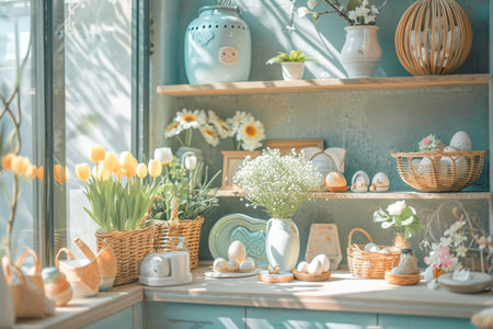 Shop window filled with an array of easter decorations. Generative AI illustrationの素材