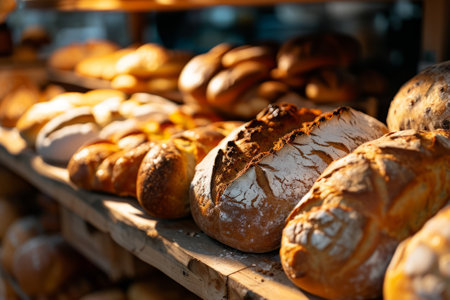 Different types of bread loaves on bakery shelves. Baker shop with rustic bread assortment. Generative AI illustrationの素材