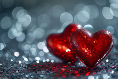 Two red hearts on shiny background. Valentine's day concept. Generative AI illustrationの素材