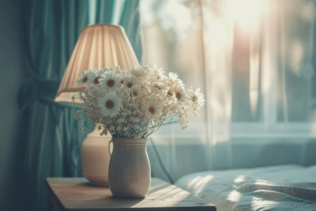 Bedside table with lamp and flowers in the bedroom. Generative AI illustrationの素材