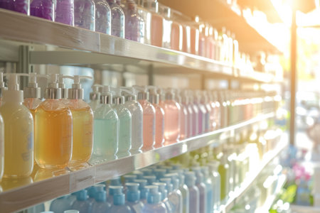 Shelves with items including soap and shampoo to sell. Generative AI illustrationの素材