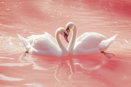 Beautiful white swans in heart shape on water on pink background. Generative AI illustrationの素材