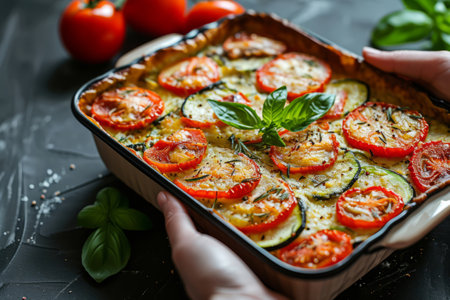 Zucchini and tomatoes gratin with bechamel sauce and cheese. Generative AI illustrationの素材