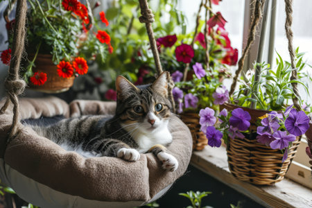 Cat in pet bed near a sunny window with hanging baskets of spring flowers. Generative AI illustrationの素材