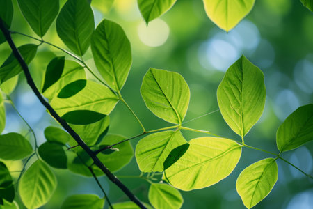 Close up shot of green leaves on a branch. Plants leaves using as spring background. Generative AI illustrationの素材