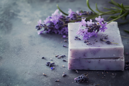 Natural soap with lavender extract. Handmade soap with lavender flowers. Generative AI illustrationの素材