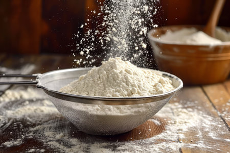 Sifting flour through sieve on wooden table. Generative AI illustrationの素材