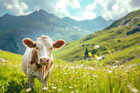 Cows herd on a grass field during the summer with mountains on background. Generative AI illustrationの素材