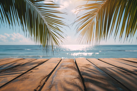 Empty wooden table with tropical beach theme in background. Generative AI illustrationの素材