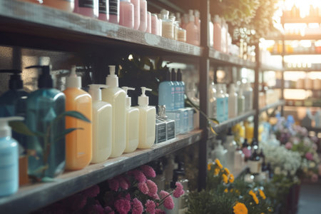 Shelves with items including soap and shampoo to sell. Generative AI illustrationの素材
