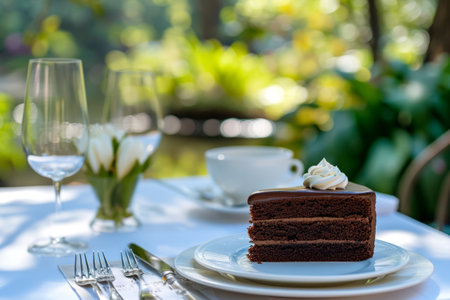 Slice of chocolate cake served on an elegant dinner table. Generative AI illustrationの素材