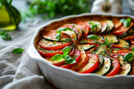 Zucchini and tomatoes gratin with bechamel sauce and cheese. Generative AI illustrationの素材