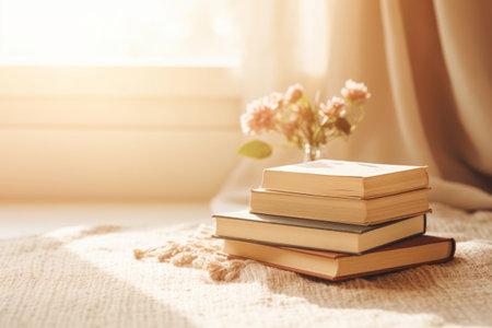 Stack of books in sunny living room. Cozy reading scene for cold weather. Generative AI illustrationの素材