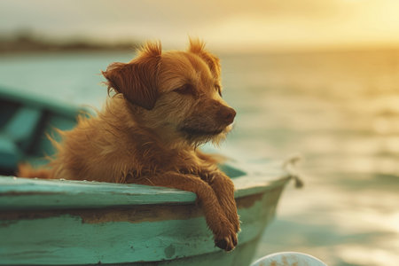 Dog on a boat near the beach. Small dog in a wooden boat on the lake. Generative AI illustrationの素材