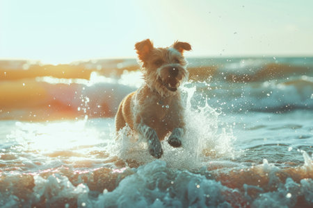 Dog runs and plays along a beach. Dog splashes in the waves. Generative AI illustrationの素材